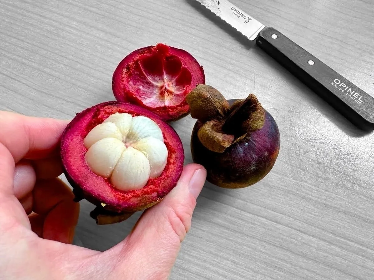 Aufgeschnittene Mangostan, die Königin der Früchte