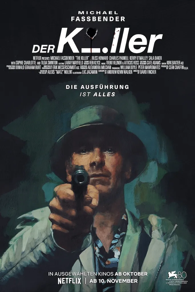 Ein Mann im Trenchcoat und Hut hält eine Pistole, während er bedrohlich nach vorne blickt, mit dem Titel Der Killer und weiteren Produktionsdetails um ihn herum.