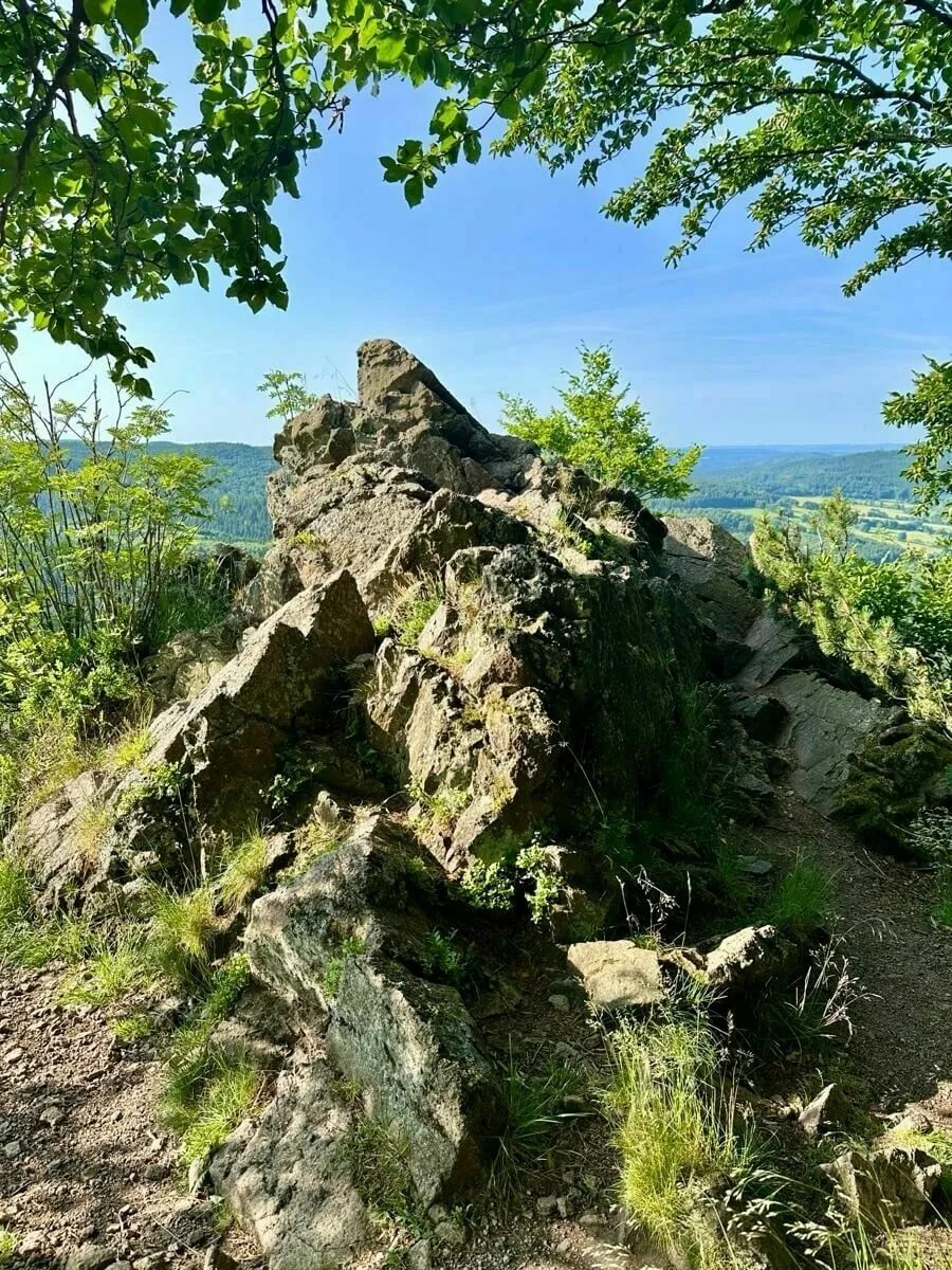 Ein felsiger Aussichtspunkt mit üppigem Grün und weitem Blick auf die Landschaft bei klarem Himmel.