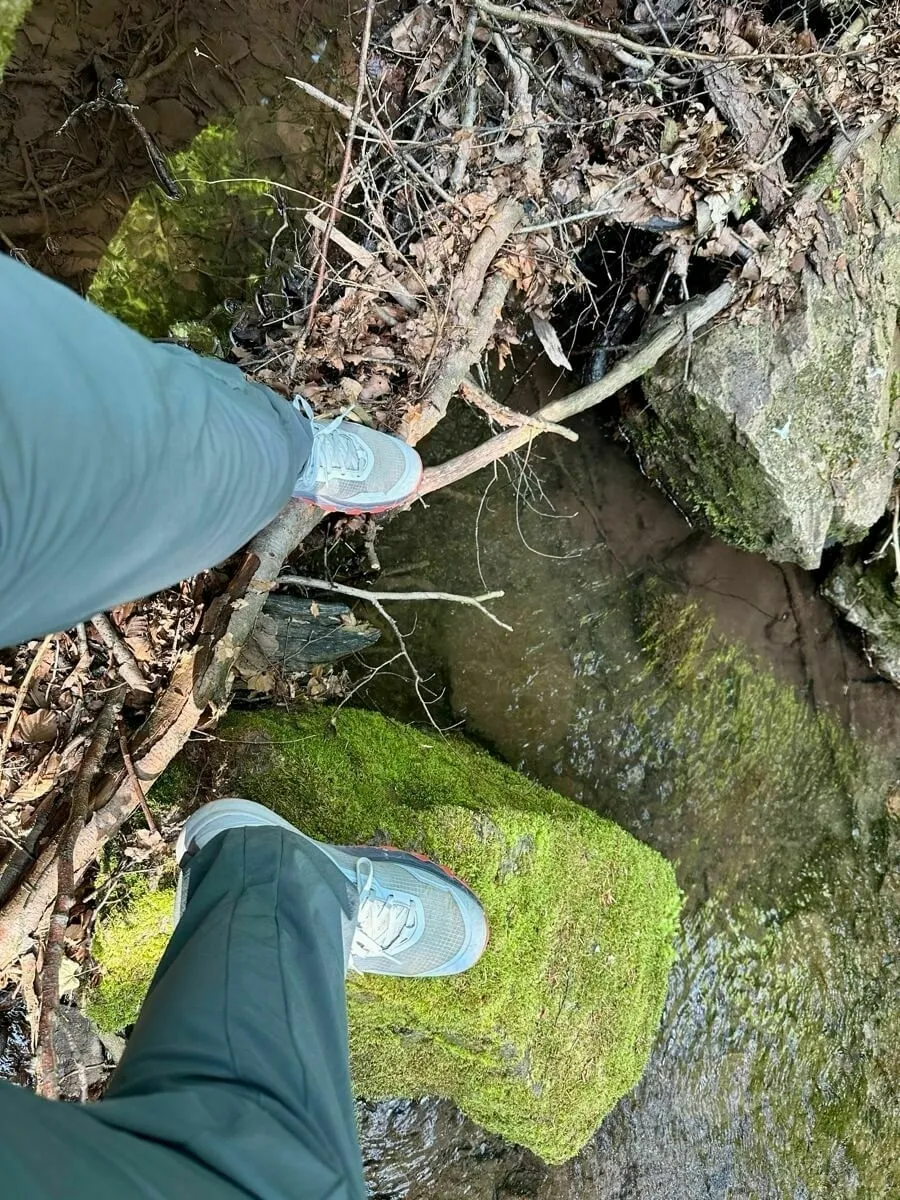 Eine Person steht, von oben fotografiert, auf einem mossbedeckten Felsen am Rand eines kleinen Gewässers.