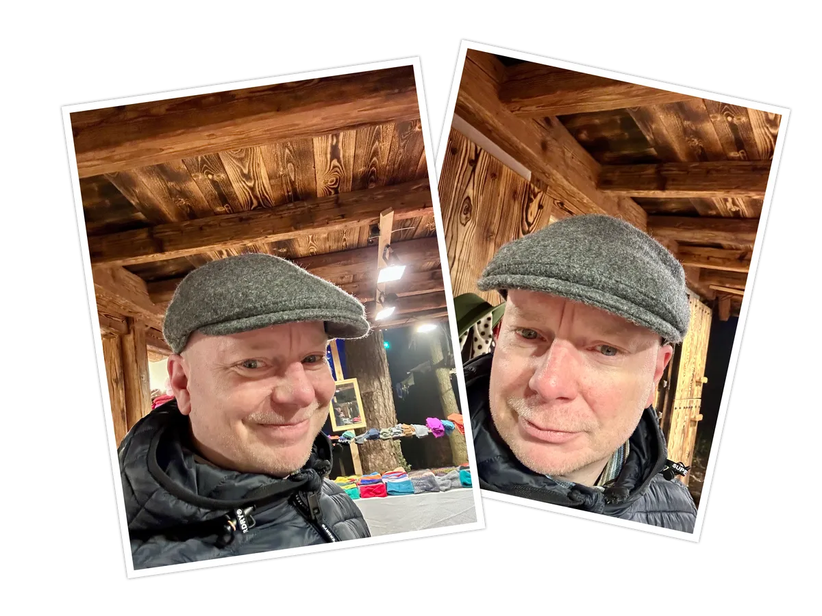 Zwei Porträtfotos von René Fischer mit grauer Schiebermütze und dunkler Winterjacke vor einem rustikalen Hintergrund mit Holzbalken.