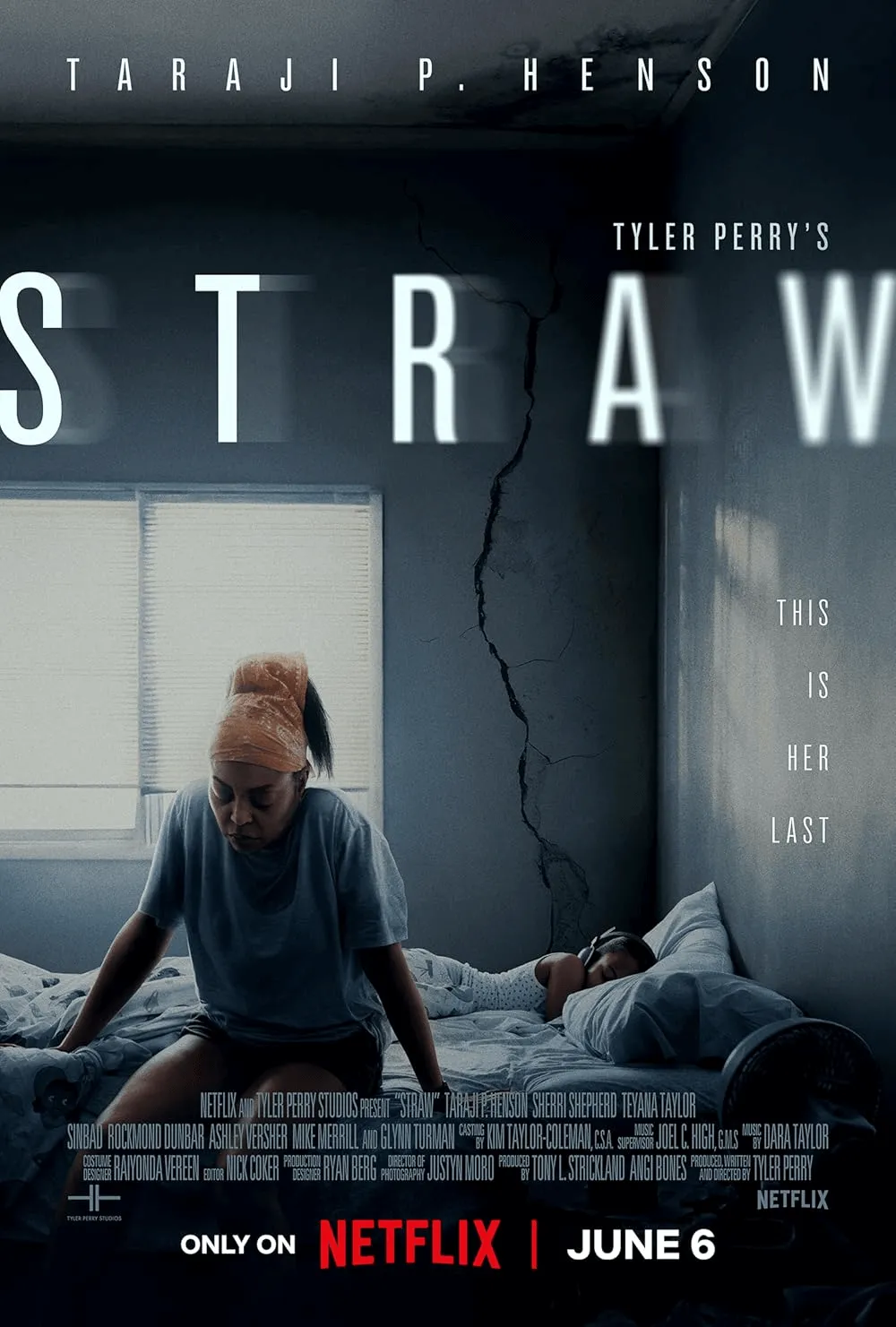 Eine Frau sitzt auf einem Bett in einem beschädigten Raum, während im Hintergrund der Titel Straw und Informationen zu einem Netflix-Film angezeigt werden.