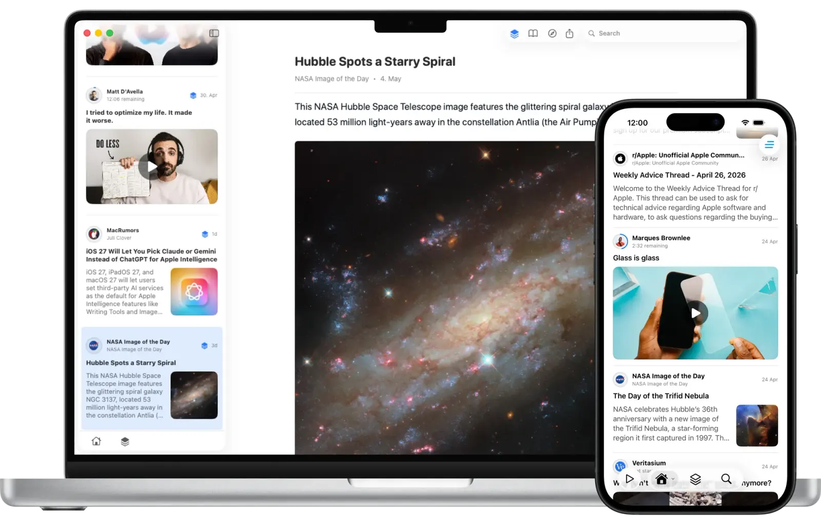 Flat RSS app from justasimple.app showcased on a Macbook Air and a iPhone.