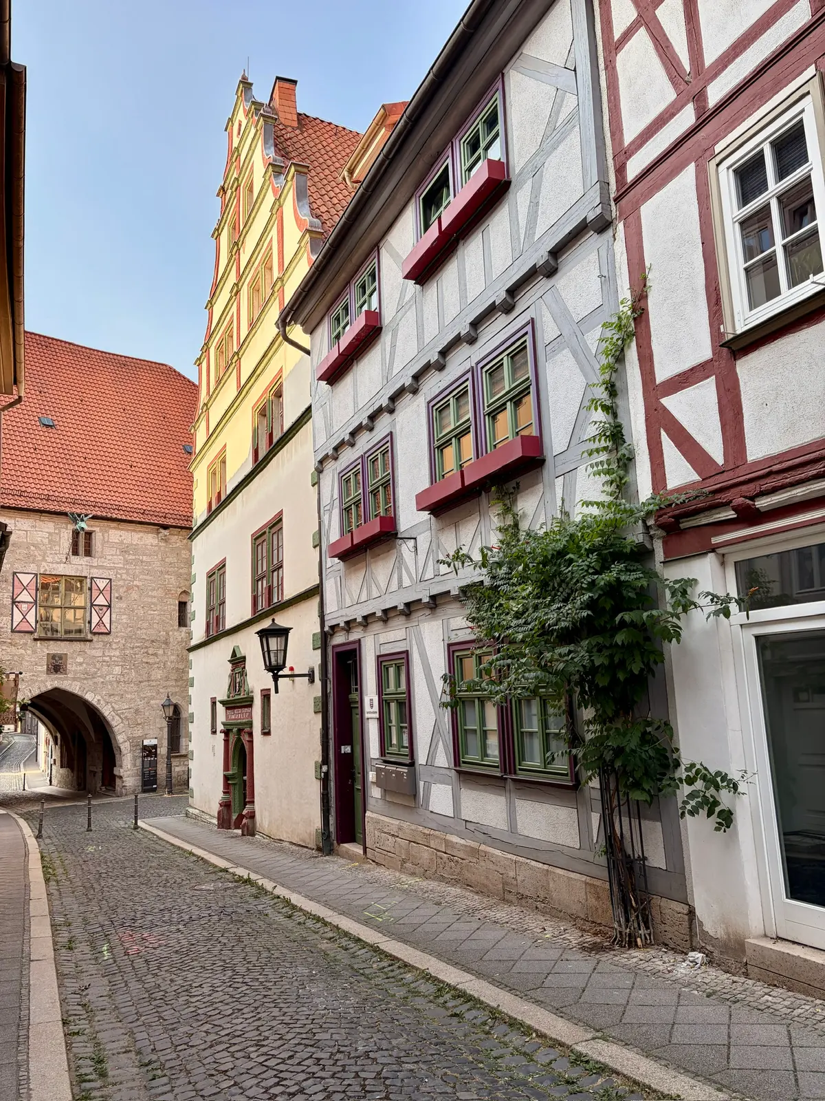 Kopfsteingasse in Mühlhausen mit historischen Fachwerkhäusern, Blumenkästen und einer begrünten Fassade. Links führt ein Torbogen in eine schmale Seitengasse.