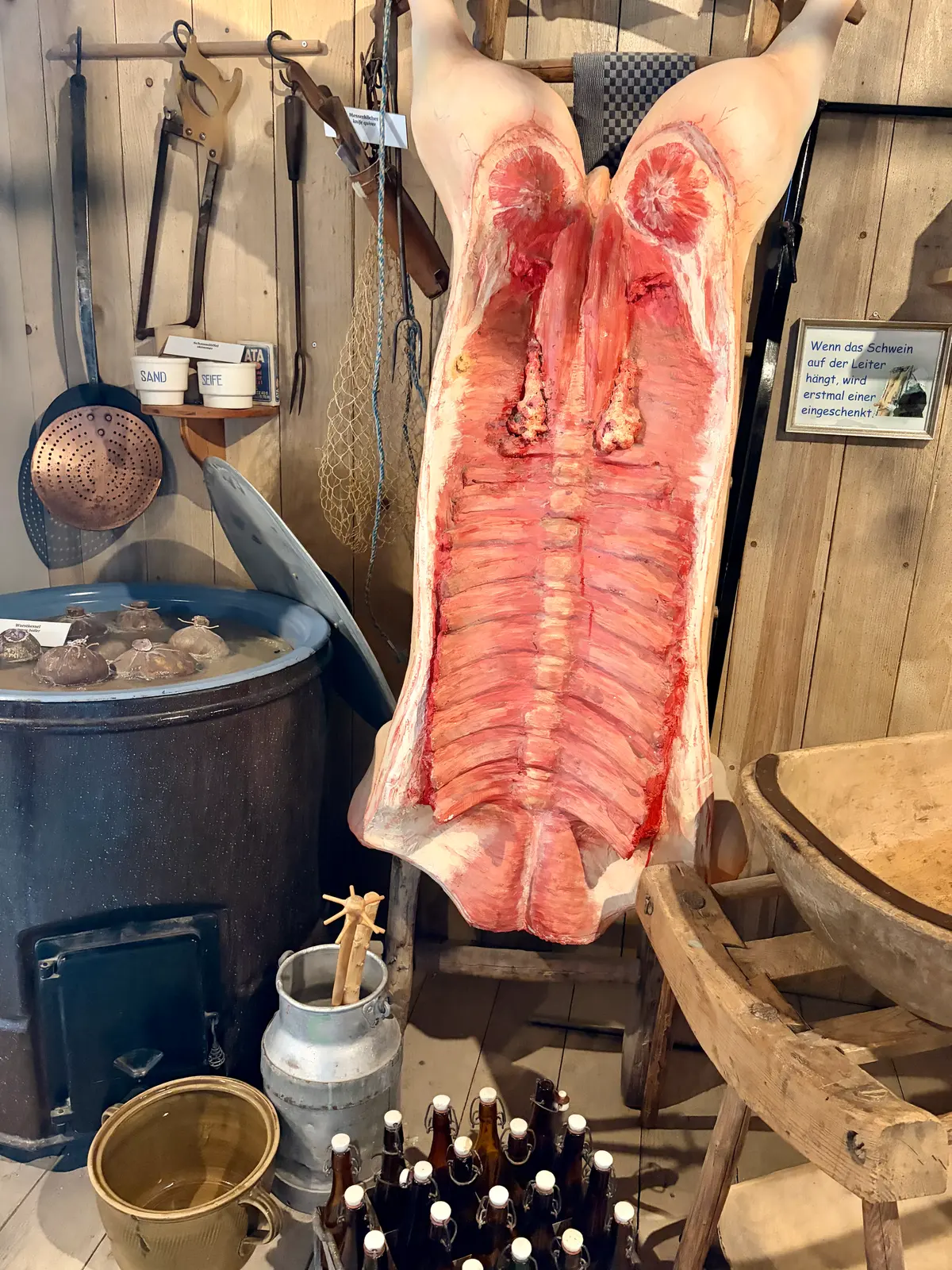 Ausstellungsraum im Bratwurstmuseum mit einem aufgehängten, aufgeschnittenen Schwein als Modell und historischen Werkzeugen, Töpfen und Flaschen darum herum.