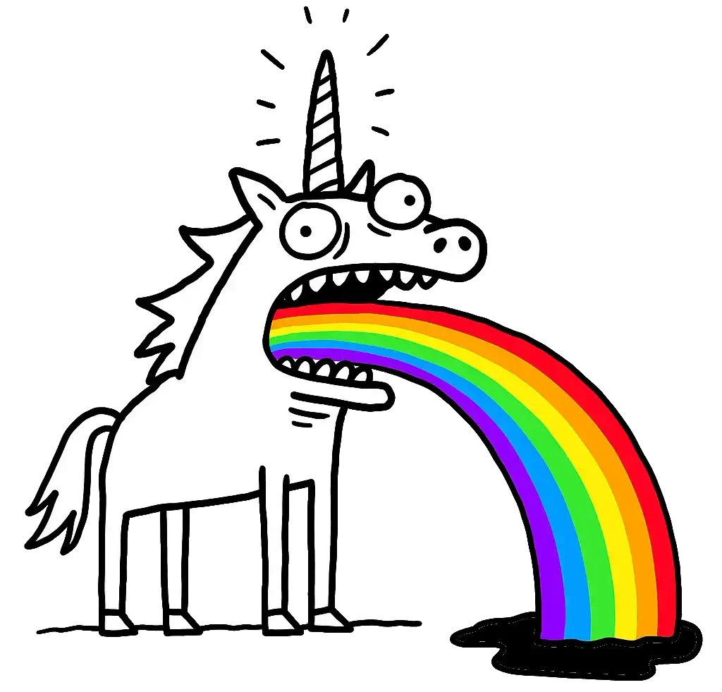 Ein Einhorn erbricht einen Regenbogen.